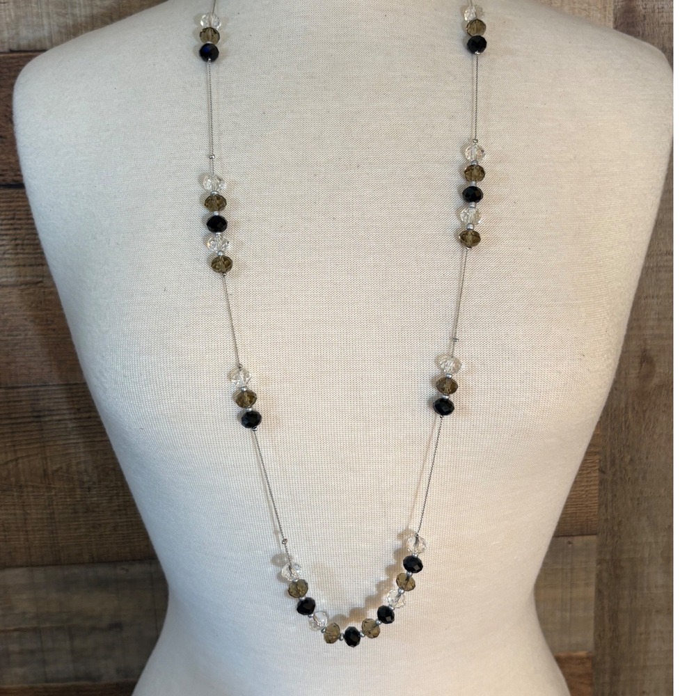 Silver Tone Long Station Necklace Black Brown Clear Faceted Glass Beads